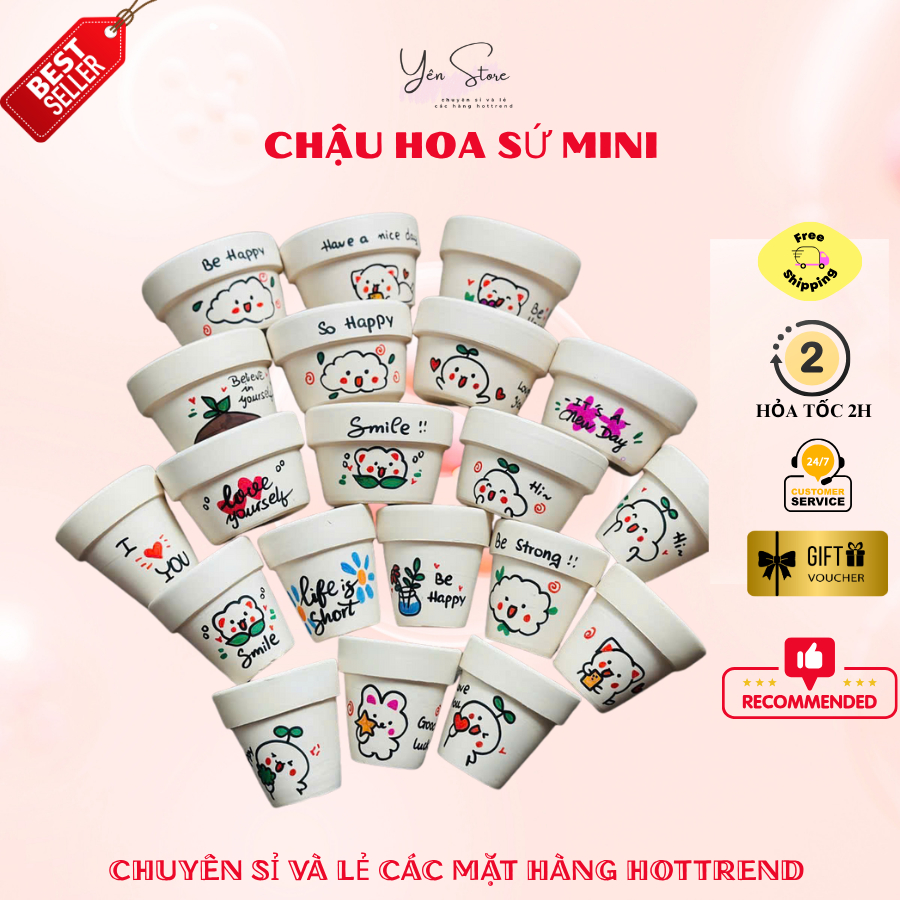Combo 5 Chậu Đất Nung Mini Vẽ Tay Dùng Trồng Sen Đá,Xương Rồng, Làm Hoa Kẽm Nhung- YÊN STORE DIY